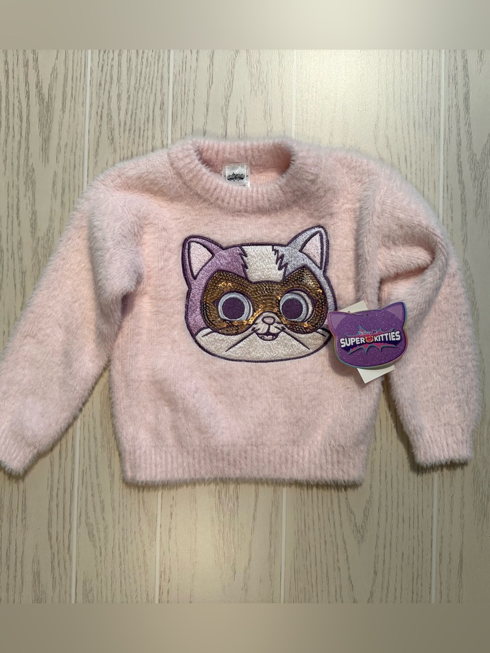 Disney SuperKitties Toddler Girls 3T Pink Fuzzy Sequin Cat Sweater Pullover NWT